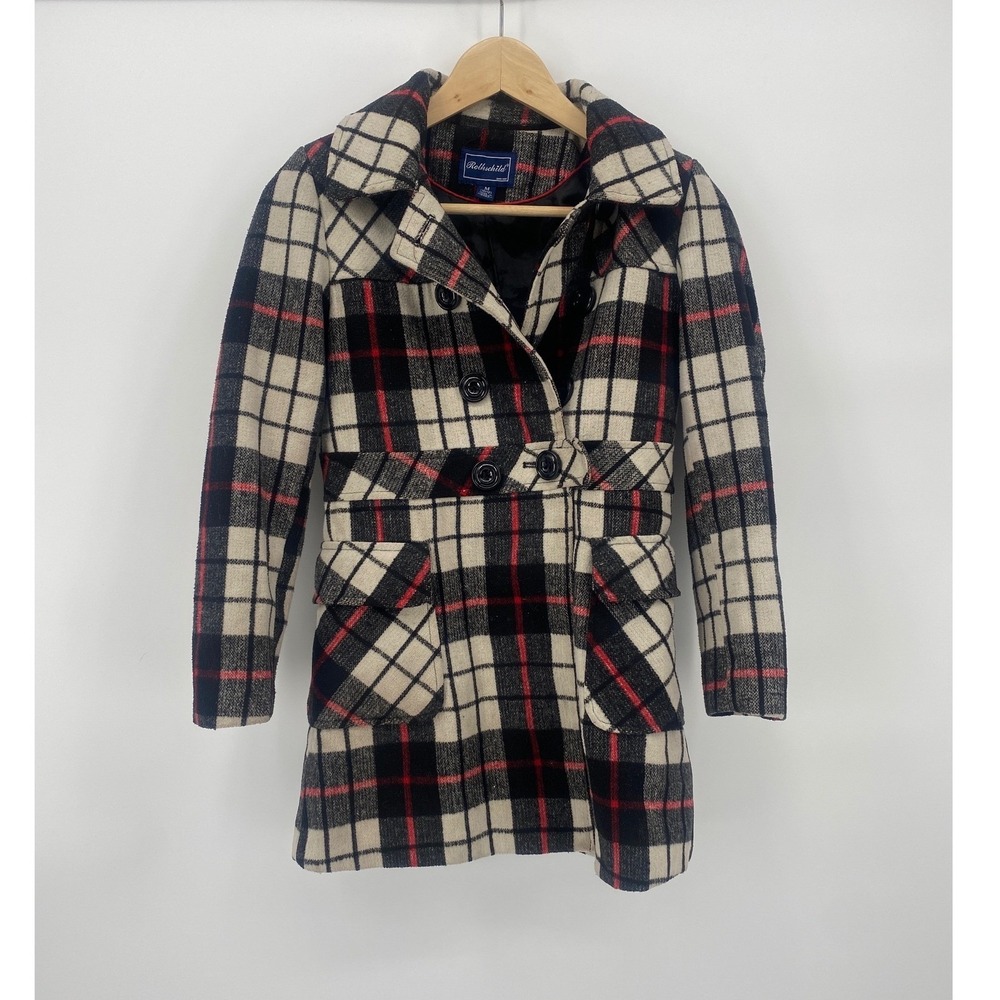 Rothschild Pea Coat Girls Size 10/12 M Black White Red Excellent Plaid Lined